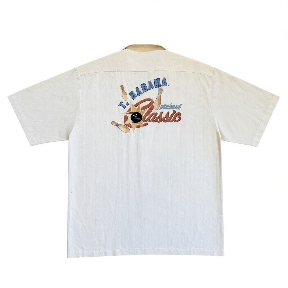 Tommy Bahama Pinhead Classic Bowling Shirt Mens XL Cream Silk Short Sleeve Logo